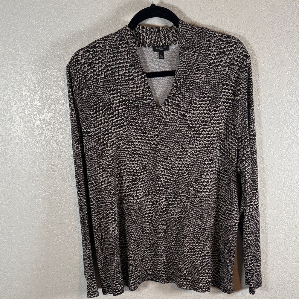 Talbots Black White Python Print Jersey Knit V Neck Long Sleeve Top Size 2X